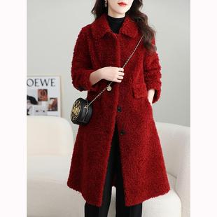 极速秋冬新款红色颗粒羊剪绒外套女中长款羊毛羔皮草大衣皮毛一体