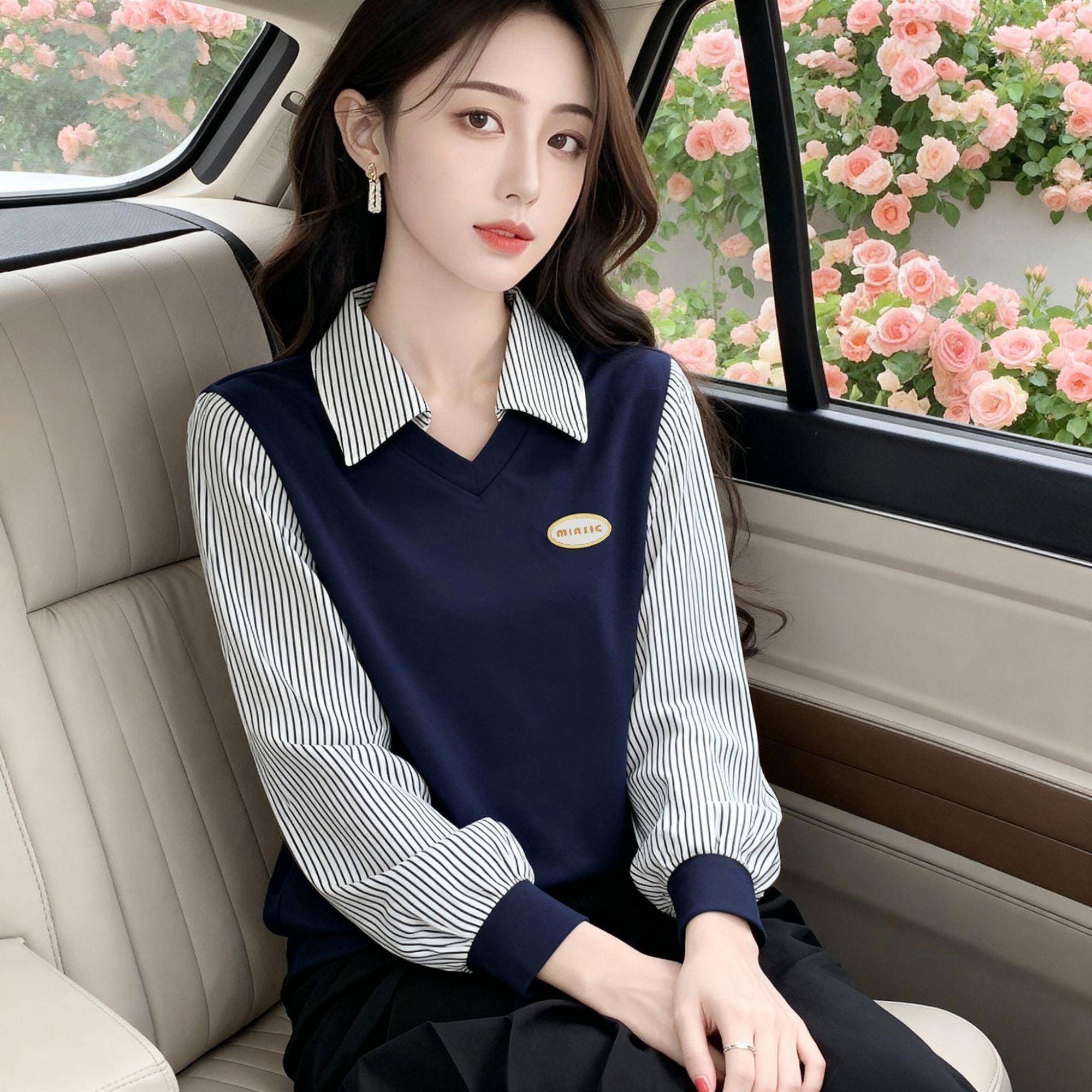 新品2026早秋新款假两件拼接长袖T恤女装百搭薄款秋衣宽松POLO领