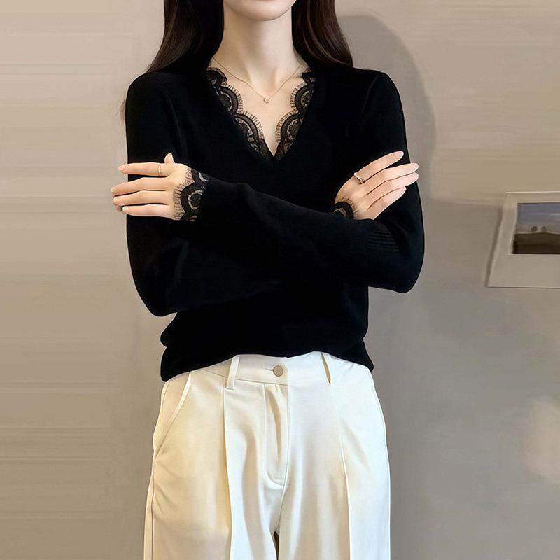 新品高级感黑色内搭打底衫女装春秋新款设计感蕾丝花边v领针织衫