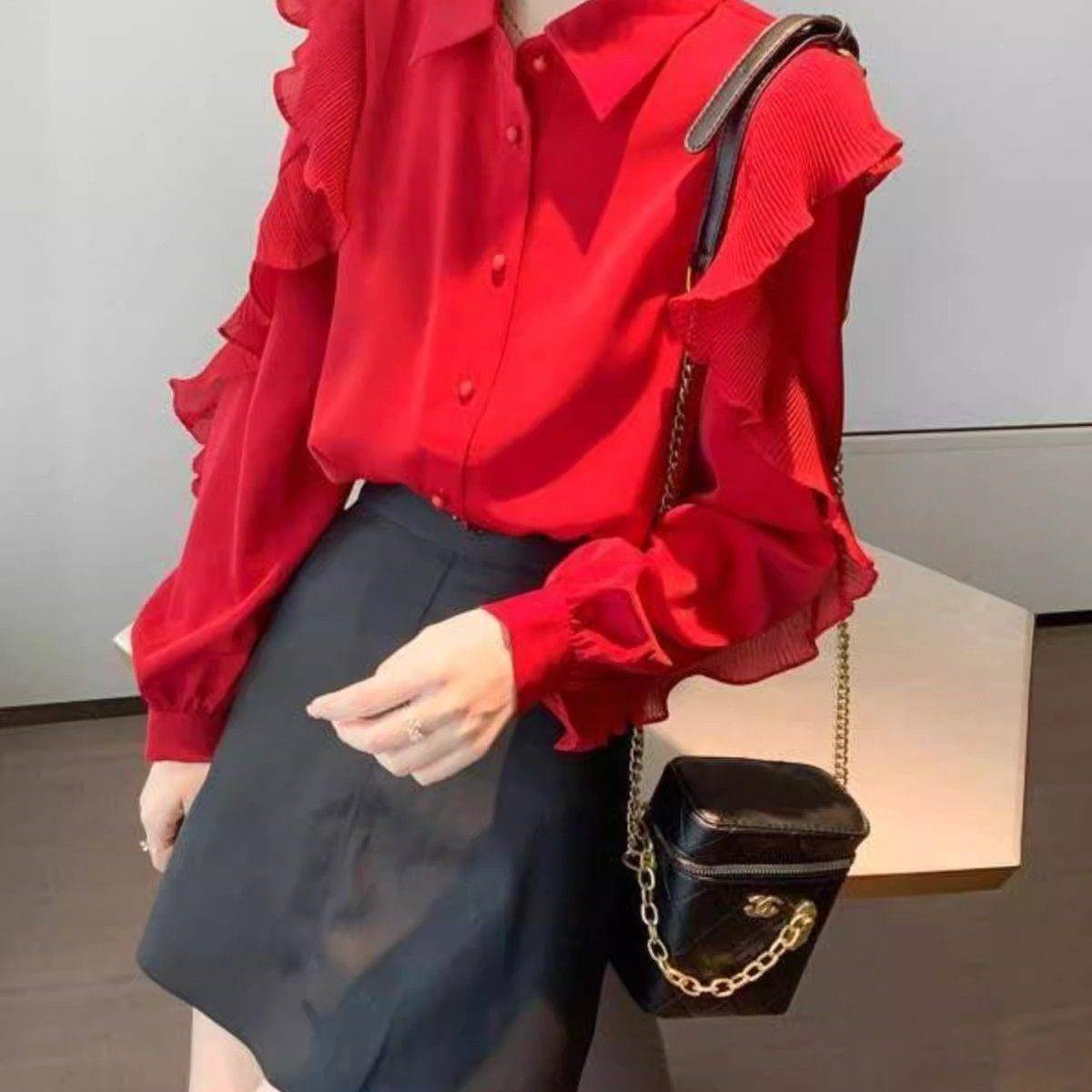 新品韩系红色POLO领长袖衬衫女秋季新款设计感时尚百搭荷叶边袖子
