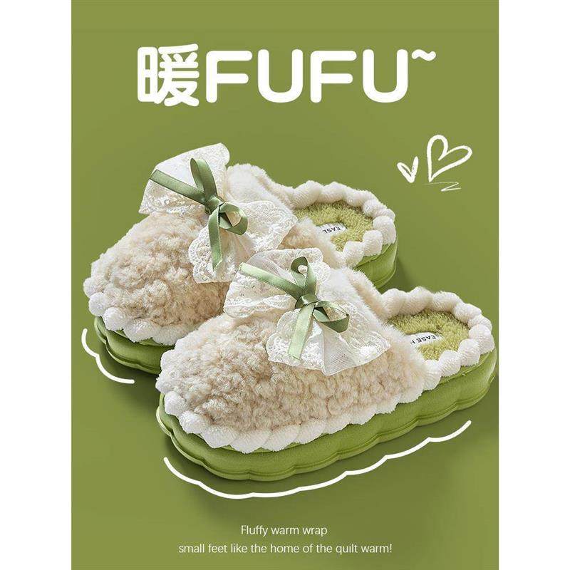 蝴蝶结棉拖鞋女2025新款室内家居防滑防水防臭毛绒厚底保暖外穿男
