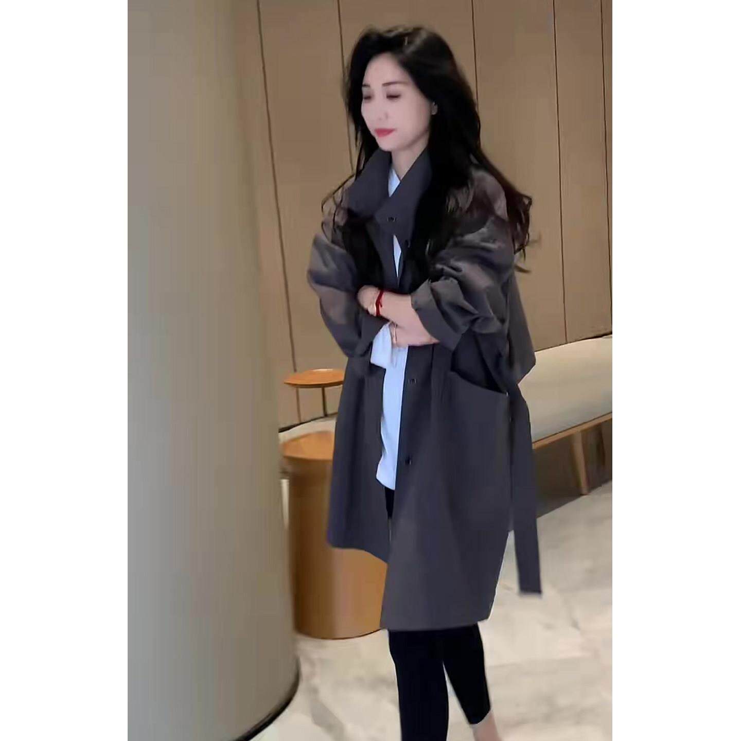 新品高级感翻领绑带风衣女2026秋季新款简约百搭宽松大衣时髦气质