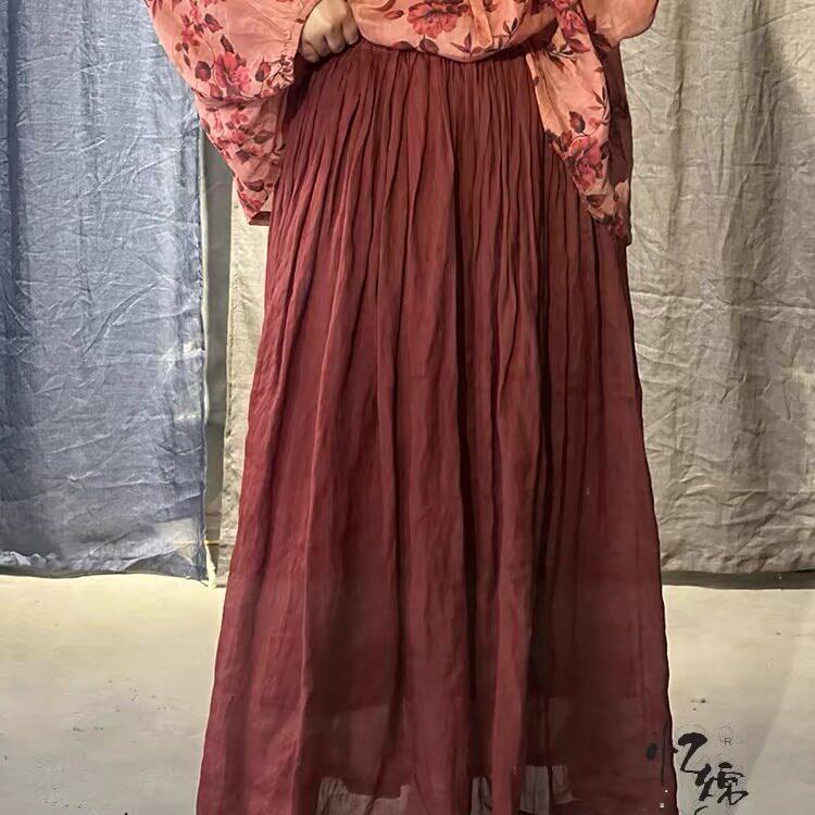 新品复古褶皱双层棉麻半身裙女春秋新款气质高腰a字宽松休闲中长