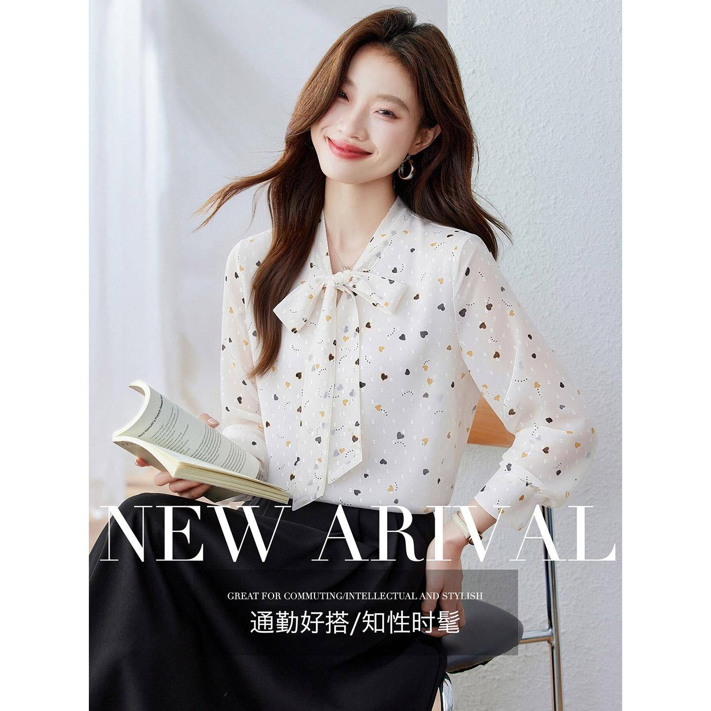新品印花雪纺衬衫女2026秋季新款飘带领衬衣减龄洋气上衣法式通勤