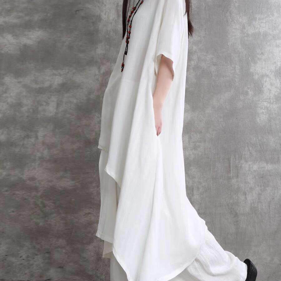 新品新中式国风禅意茶服白色两件套装女自由随性慵懒风棉麻上衣阔