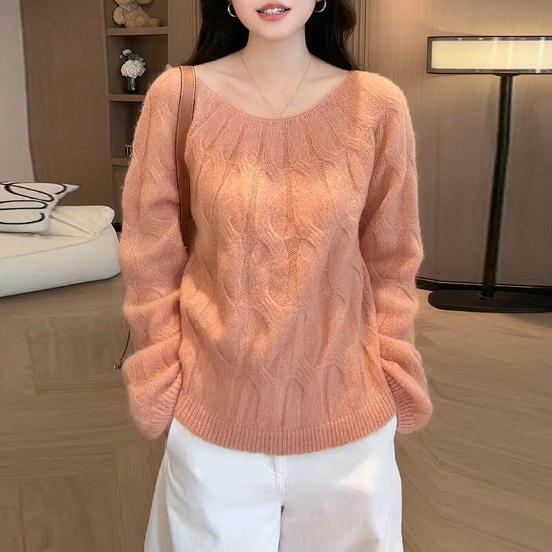 新品橘色针织衫女2025秋冬新款套头麻花毛衣宽松慵懒风高级感长袖