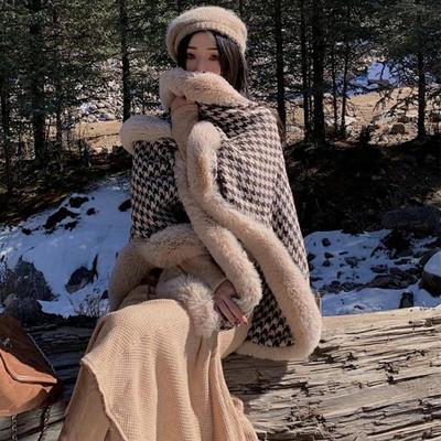 新款秋冬复古千鸟格斗篷披