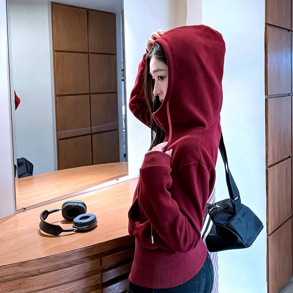 新品加绒正肩连帽卫衣女秋冬季韩版休闲显瘦百搭帽衫chic外套上衣