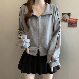 新品立领卫衣开衫外套女春秋新款大码胖mm显瘦chic韩系短款双拉链