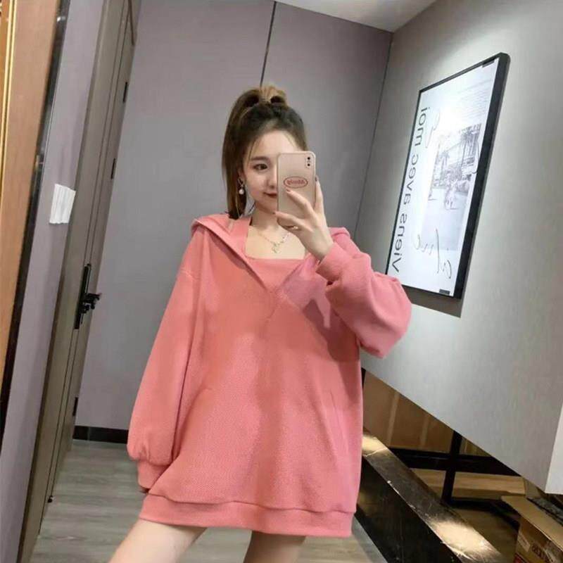 新品欧洲站粉红色减龄两件套女V领长袖中长款小香风上衣套头连帽