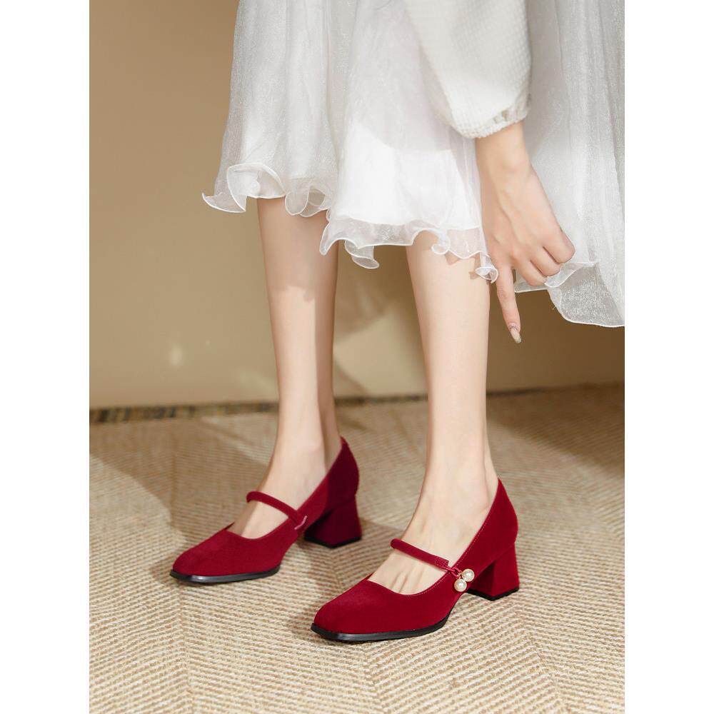 新品2026新款结婚高跟鞋小法式婚鞋红色玛丽珍鞋伴娘鞋女经典款单