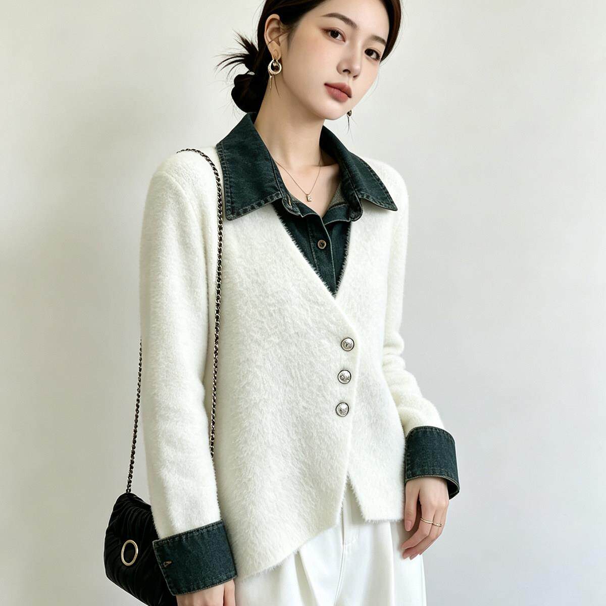 新品大码高级感牛仔翻领假两件长袖毛衣女秋冬季胖MM宽松遮肉复古