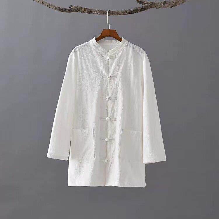 新品中式手工盘扣长袖衬衫上衣男女同款棉麻宽松休闲茶服衫练功太
