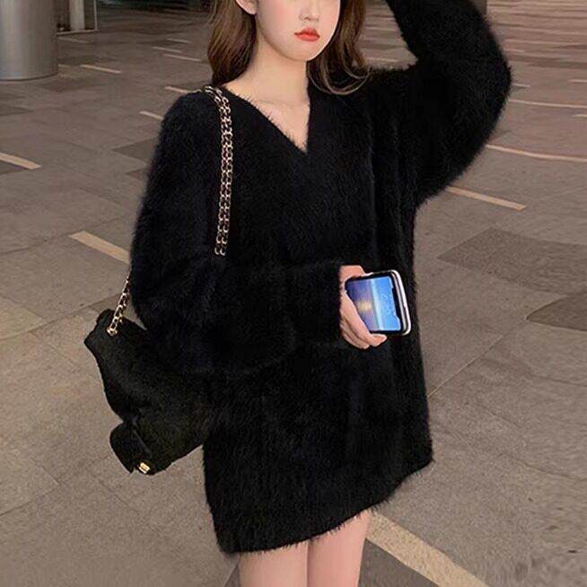 新品黑色软糯水貂绒毛衣女秋冬欧货高级感超好看V领加厚宽松打底