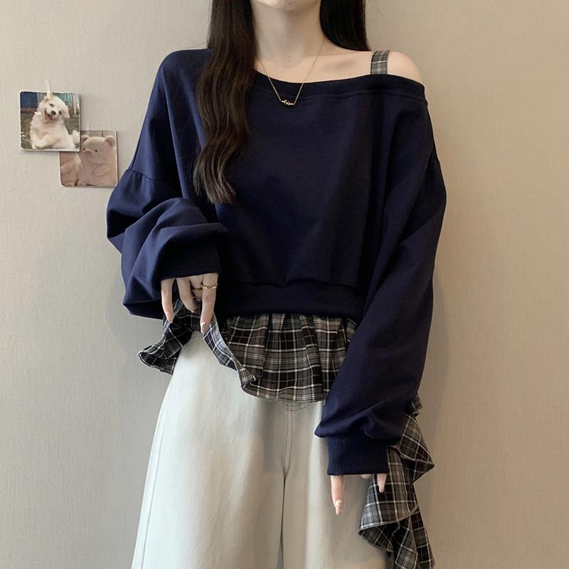 新品大码露肩不规则格子拼接长袖假两件卫衣女秋冬季胖MM宽松显瘦