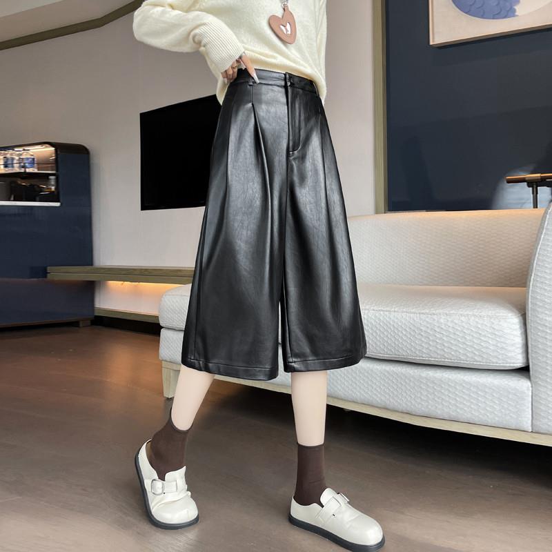 极速美拉德咖色复古七分皮裤女款2025新款秋季小个子八分pu皮阔腿