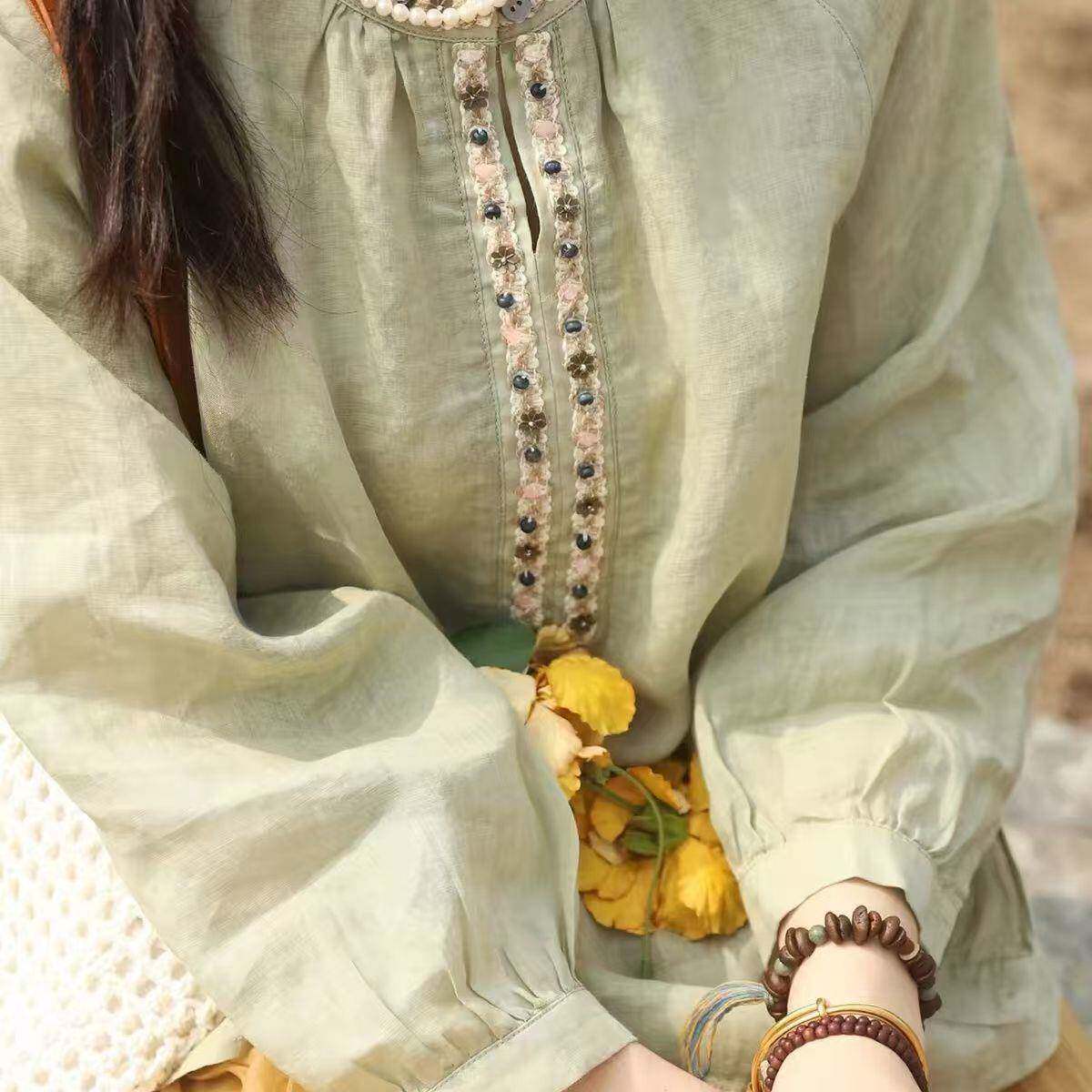 新品温柔风钉珠暗纹棉麻衬衫女2026新款春秋款七分袖文艺休闲圆领