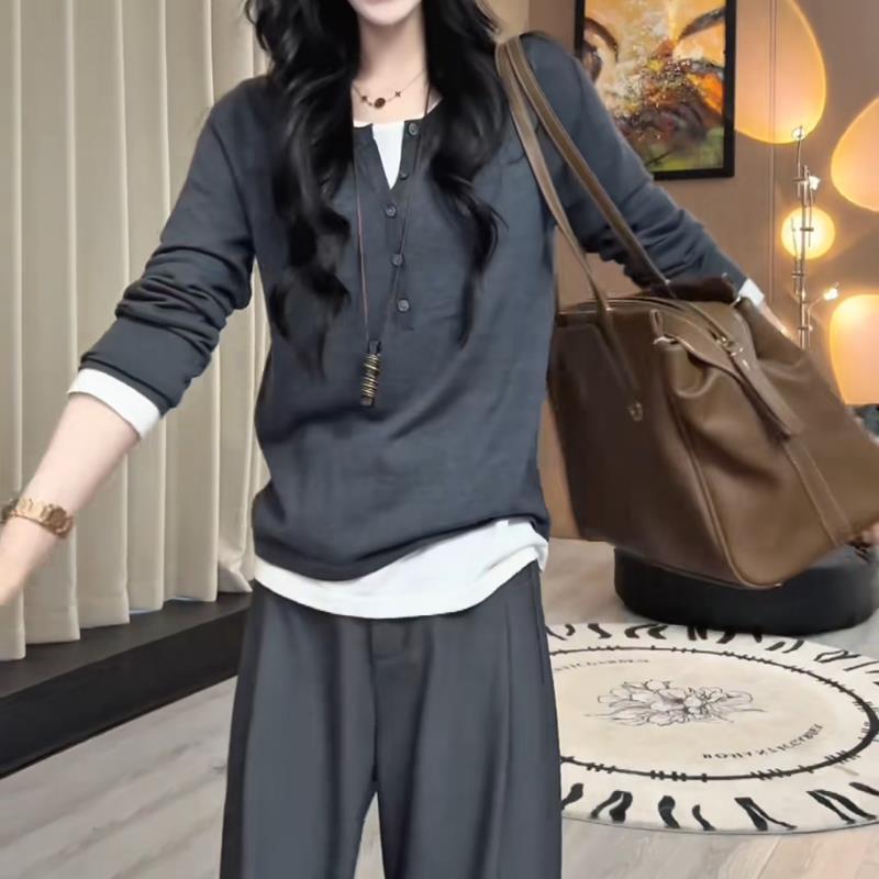 新品纯棉假两件撞色长袖T恤女2026秋季新款大码胖mm宽松显瘦百搭