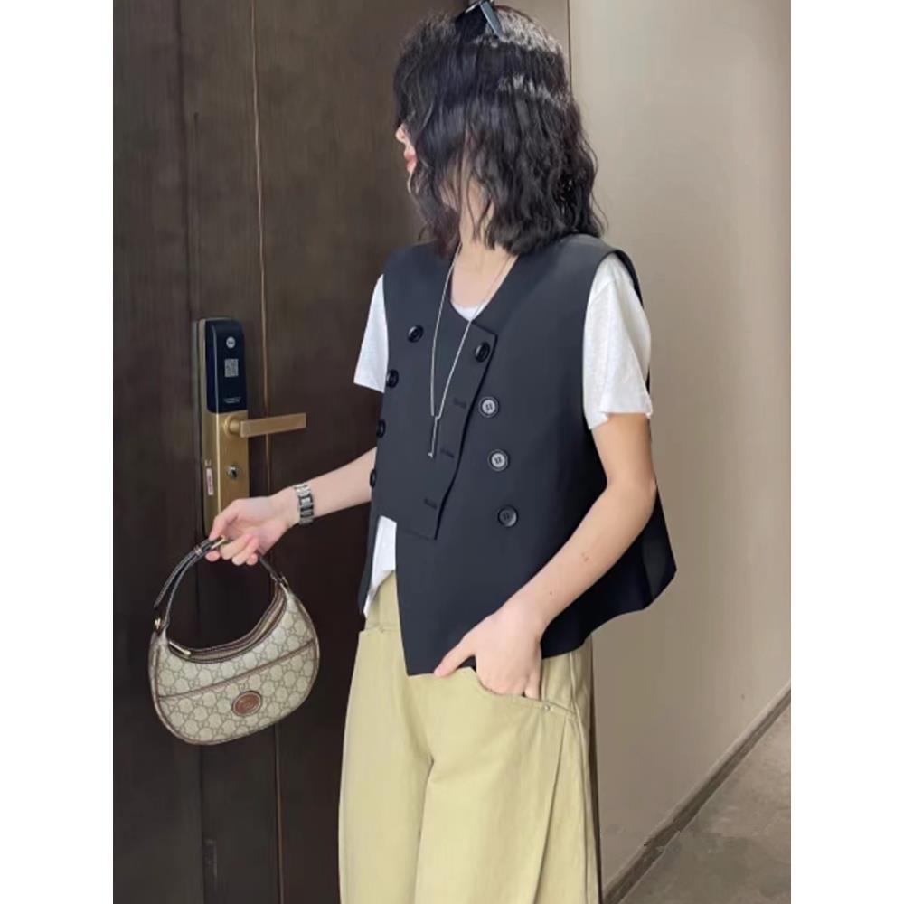 新品双排扣下摆不规则马甲女春秋季欧货时尚宽松休闲百搭背心短款