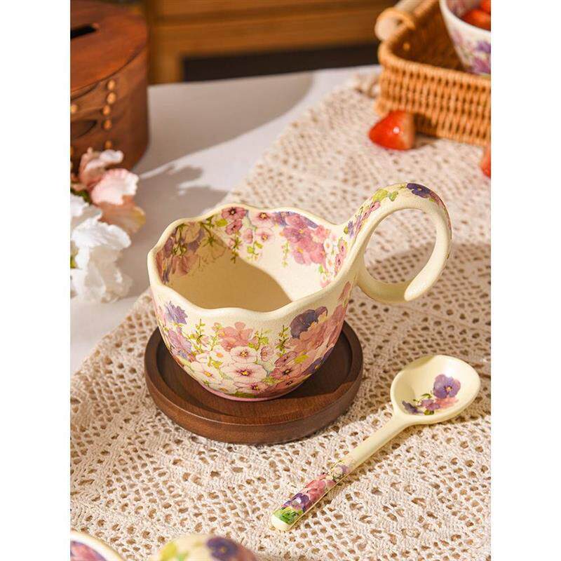 繁花似锦曲把咖啡杯带勺美式早餐杯燕麦片碗陶瓷马克杯加热牛奶