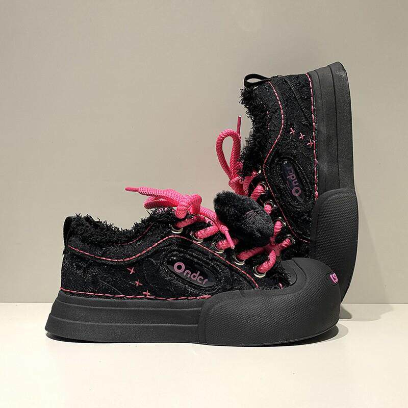 新品2026新款开口笑帆布鞋女增高厚底摇滚甜心黑粉圆头板鞋女大头