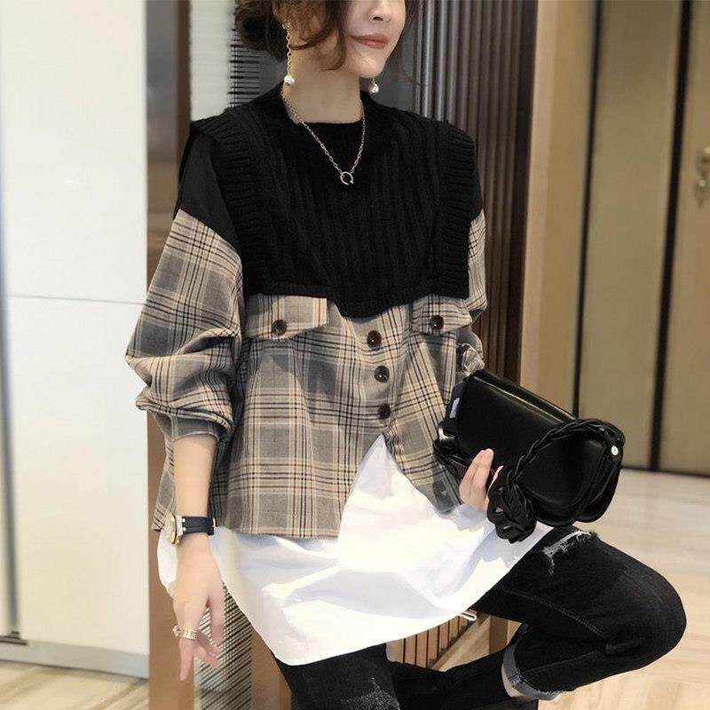 新品拼接衬衫女2026年春秋新款欧货衬衣设计感上衣洋气针织马甲假