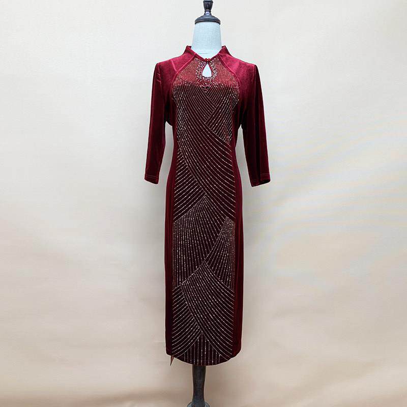 新品秋季新款婚宴礼服丝绒连衣裙高档钉珠烫钻弹性修身显瘦中袖长