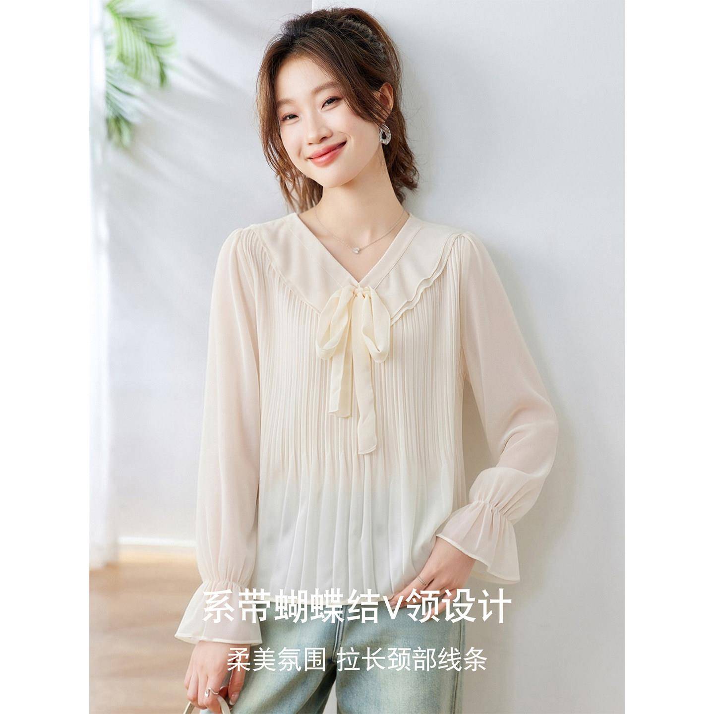 新品法式温柔风V领荷叶边系带雪纺衬衫女款2026新款长袖洋气优雅
