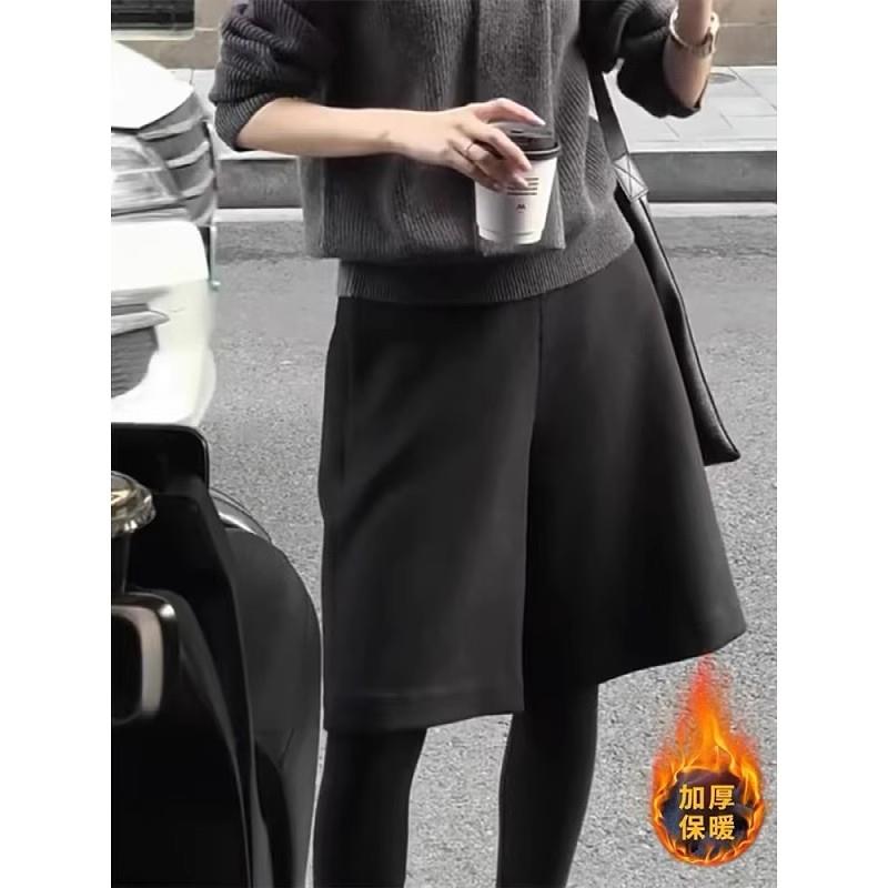 新品大码黑色加厚毛呢短裤女秋季宽松直筒五分裤胖mm时尚通勤风阔