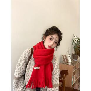 软糯亲肤围巾女生冬季2025新款红色流苏围脖百搭韩系保暖纯色秋冬