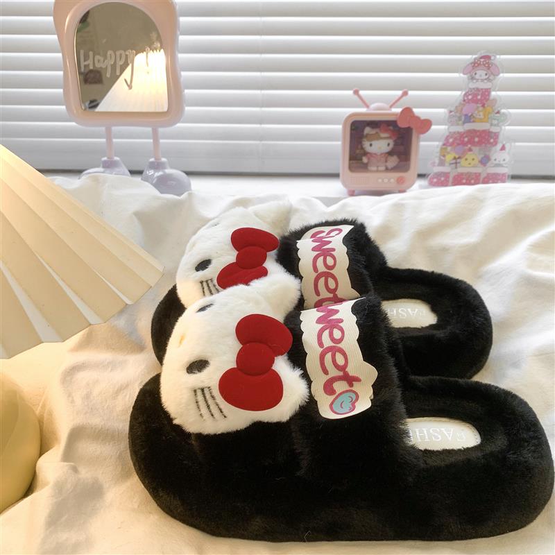 现货甜美可爱凯蒂猫毛毛拖鞋女外穿2025秋冬新款居家防滑厚底一字