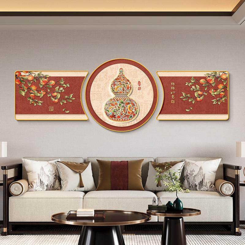 新品新中式葫芦挂画客厅三联画喜上眉梢床头装饰画沙发后面背景墙