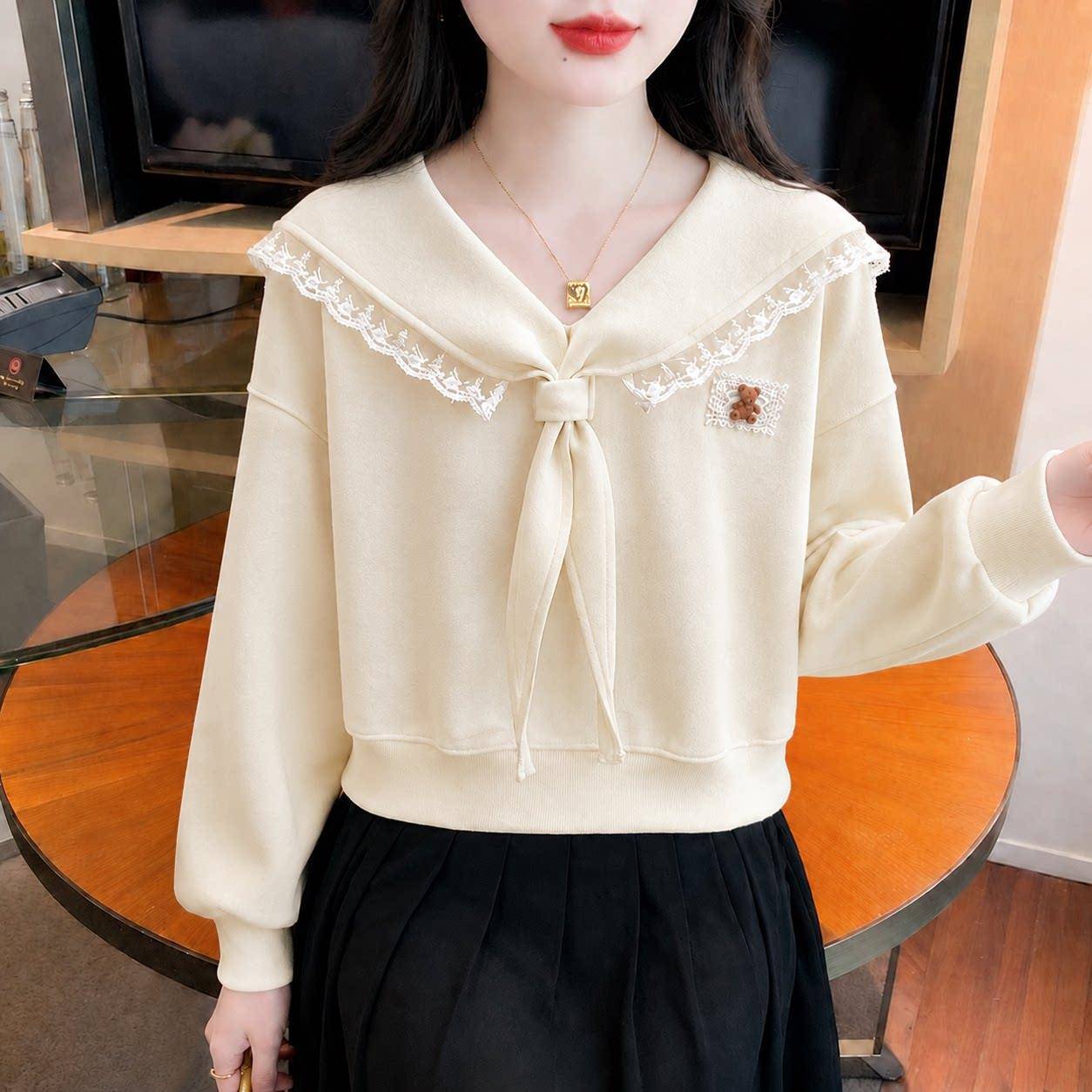 新品2026春秋新款学院风蕾丝边海军领卫衣女甜美减龄小衫系带长袖