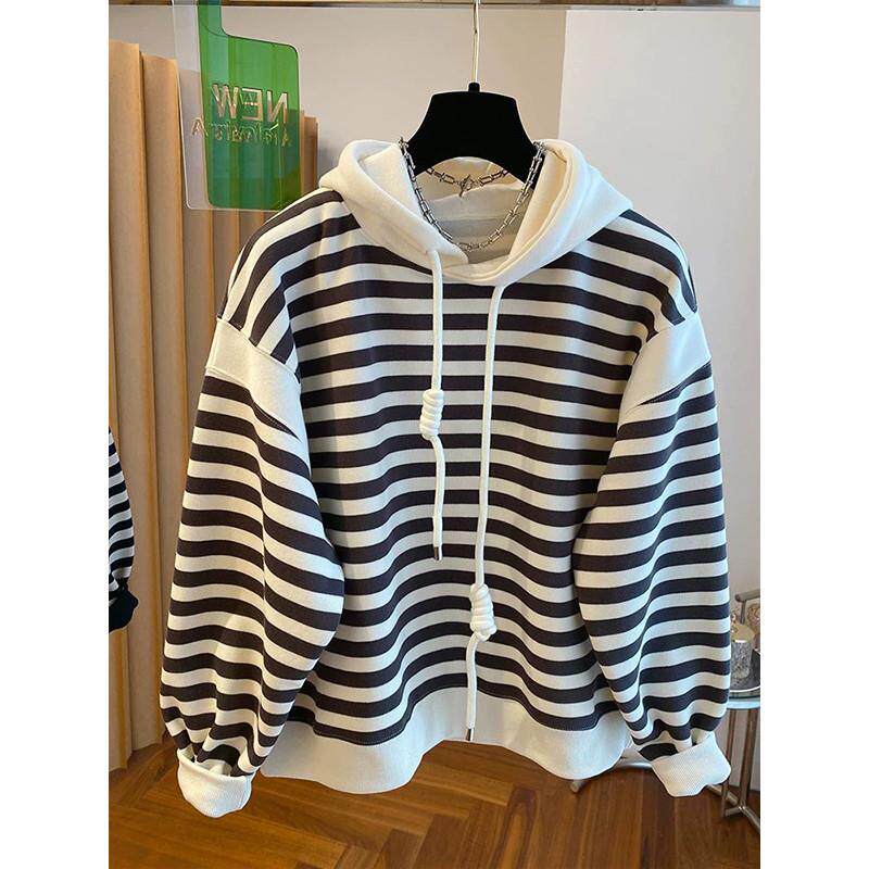 新品大码女装300斤胖mm复古连帽条纹卫衣秋冬季韩版休闲宽松情侣