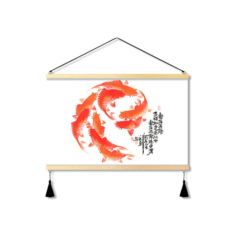 现货中式九鱼图客厅沙发背景墙装饰画布吉祥如意卧室书房年年有余图片