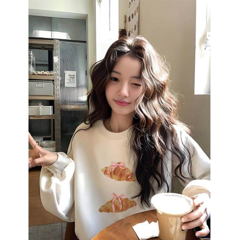 新品复古藏青色圆领卫衣女秋季薄款宽松休闲慵懒风无帽上衣2025年