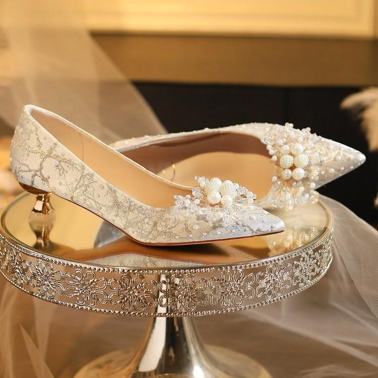 推荐法式细跟婚纱礼服两穿高跟鞋香槟色百搭浅口婚纱礼服两穿伴娘