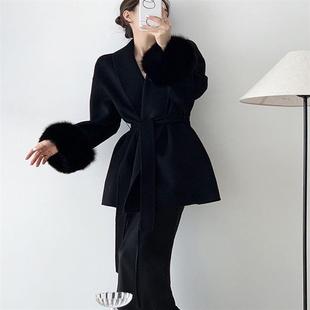 现货黑色双面羊绒大衣女小个子2025秋冬狐狸毛袖口高级感羊毛呢子