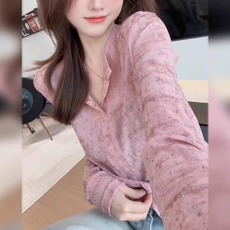 新品韩系粉色烫钻晕染长袖衬衫女春季新款洋气修身显瘦百搭休闲上