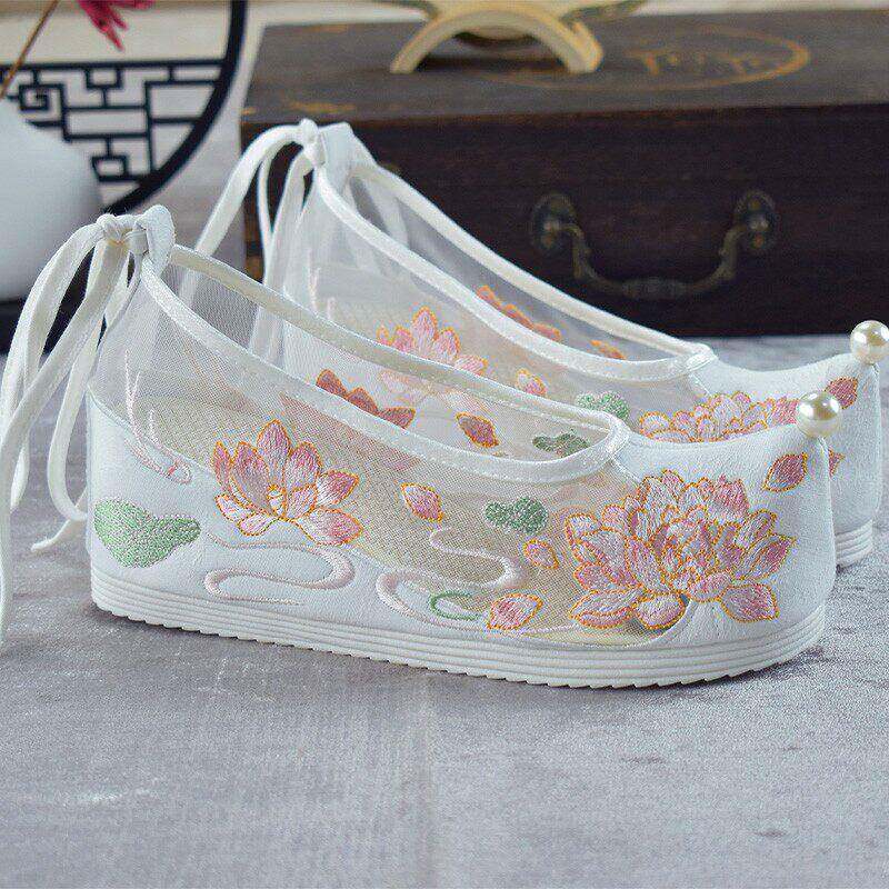 新品锦袍仙古装汉服鞋子女网纱凉鞋增高夏季古风绣花鞋唐制汉元素