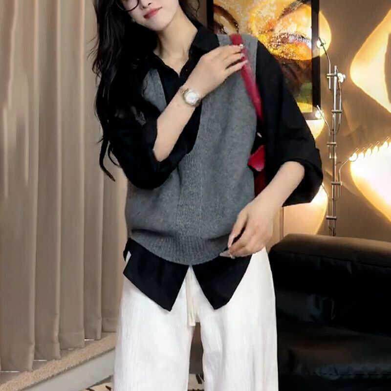 新品秋季套装女装2026新款韩版时尚灰色V领针织马甲休闲百搭长袖