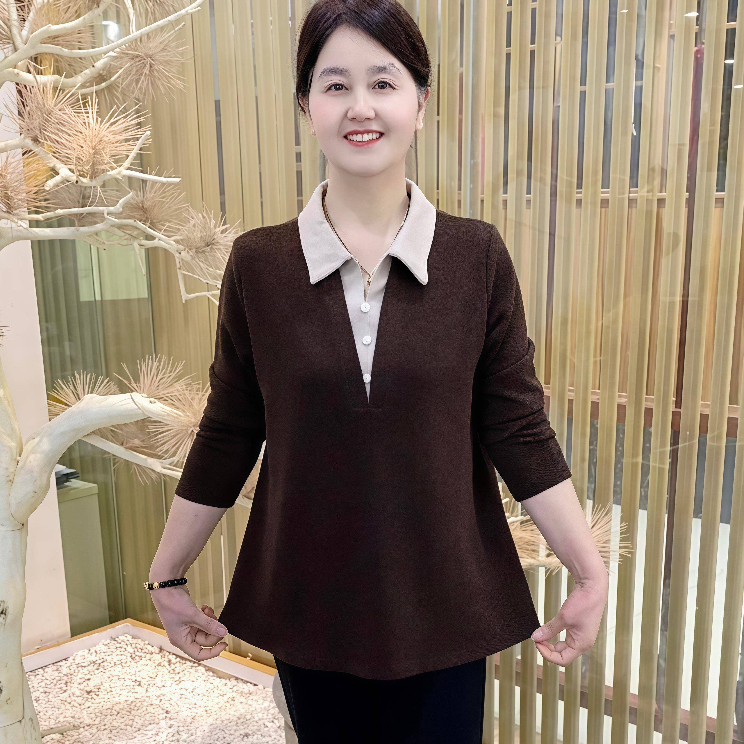 新品中老年时尚女装妈妈春装2026新款洋气翻领假两件宽松大码显瘦