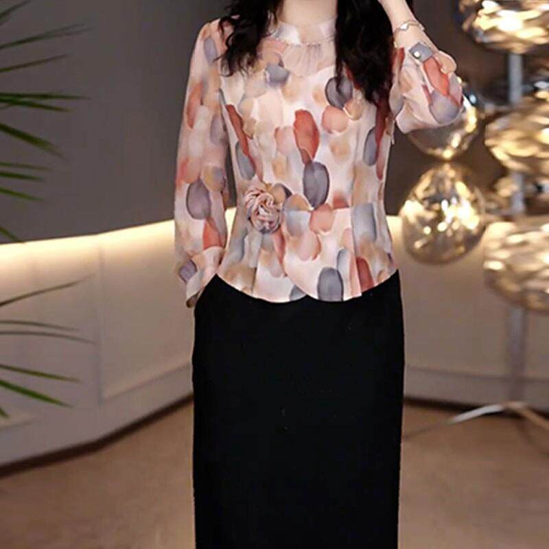 新品假两件气质印花连衣裙女2026年秋季新款妈妈装修身显瘦中长款