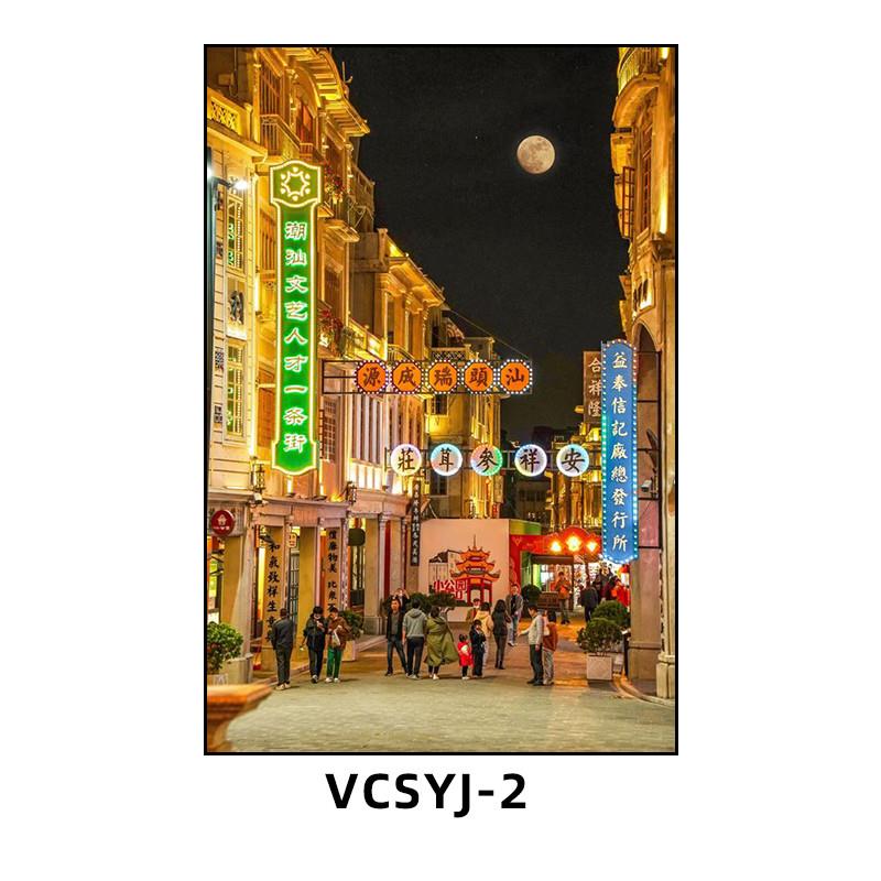 潮汕特色建筑夜景装饰画潮州汕头现代风景挂画火锅店饭店餐馆壁画图片