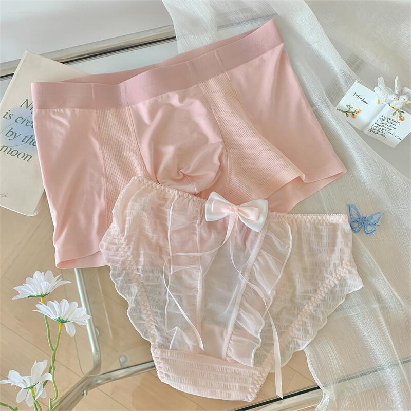 新品蕾丝蝴蝶结情侣内裤一男一女性感可爱奶油糖果色纯欲风三角裤