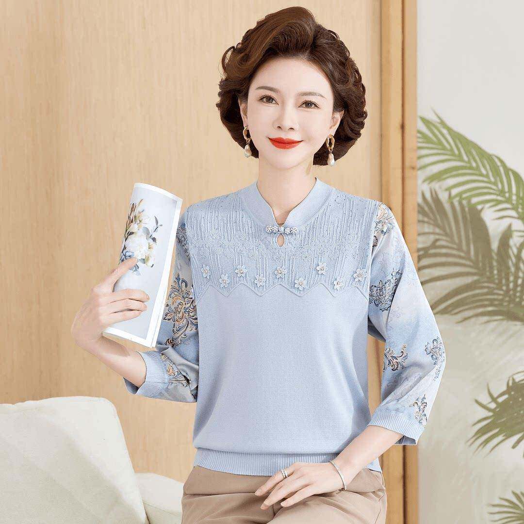新品中年妈妈春装新款上衣时尚纱袖针织打底小衫中老年女士七分袖
