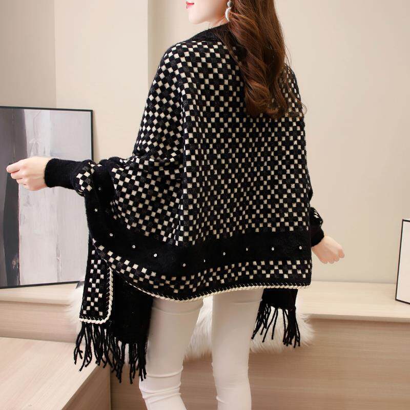 披肩女斗篷秋冬外搭水貂绒带袖子加厚保暖镶钻可穿流苏披风