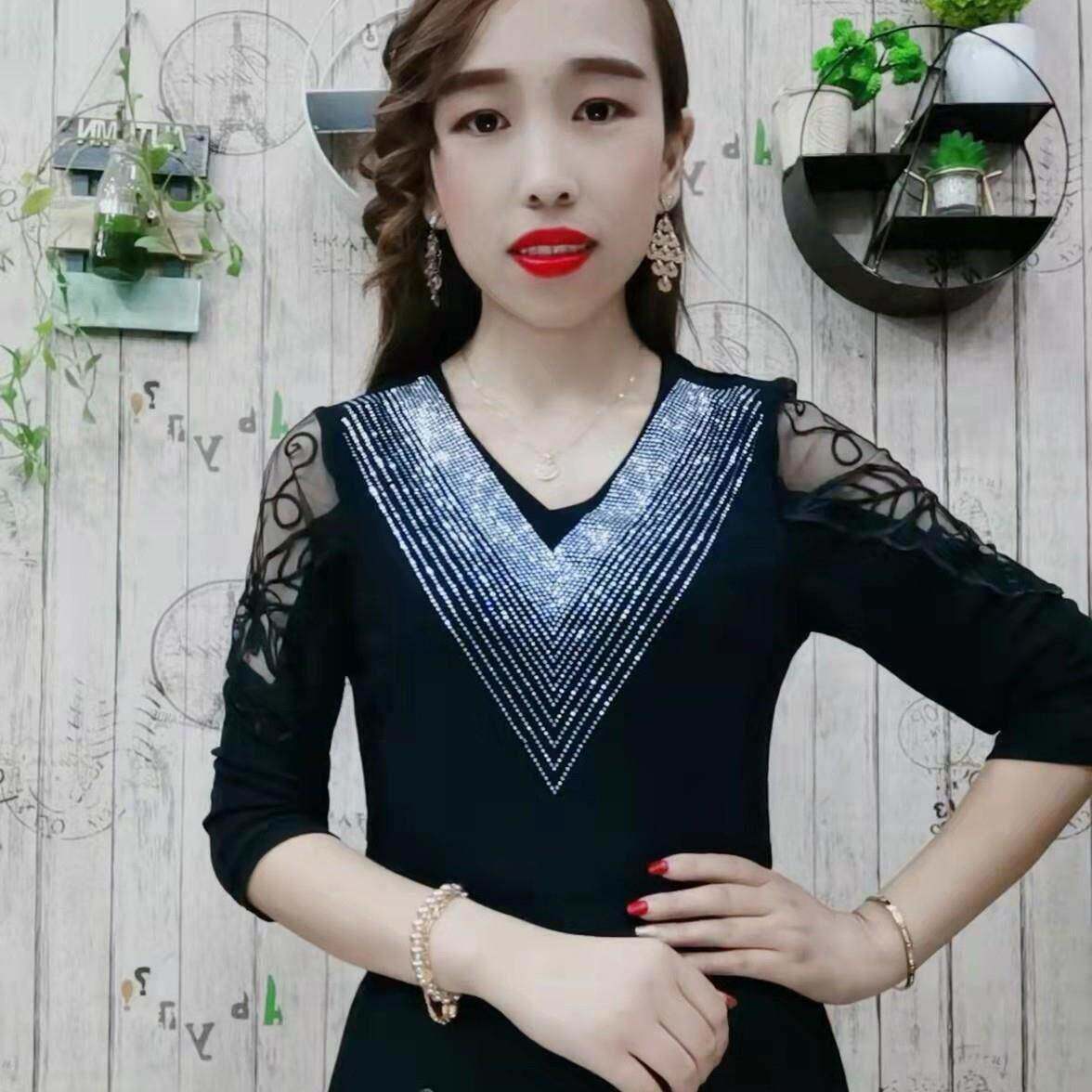 新品时尚气质v领显瘦网纱小衫女士2026春季新款烫钻长袖百搭减龄