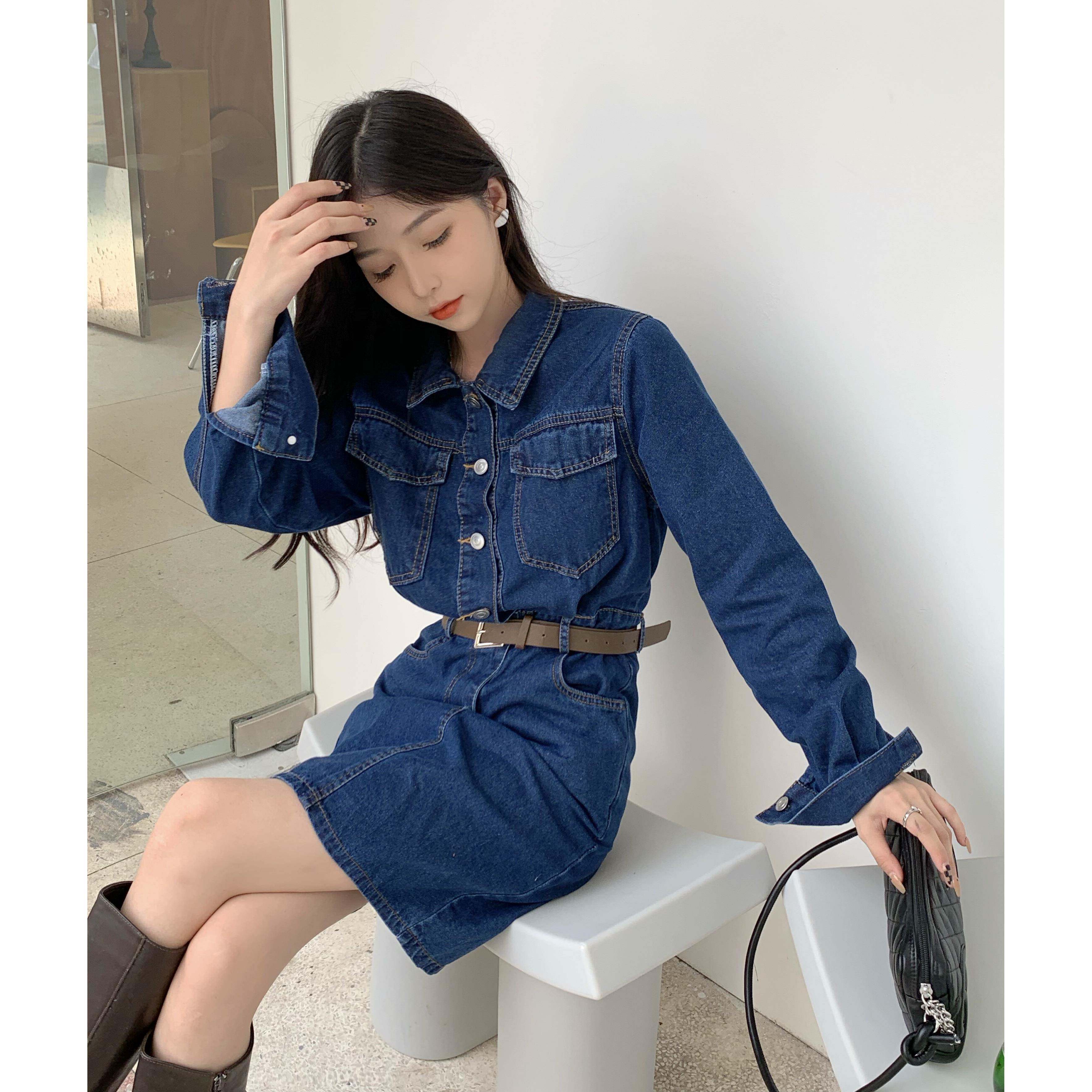 新品小个子牛仔连衣裙女秋季穿搭收腰连体裙复古气质长袖polo领套