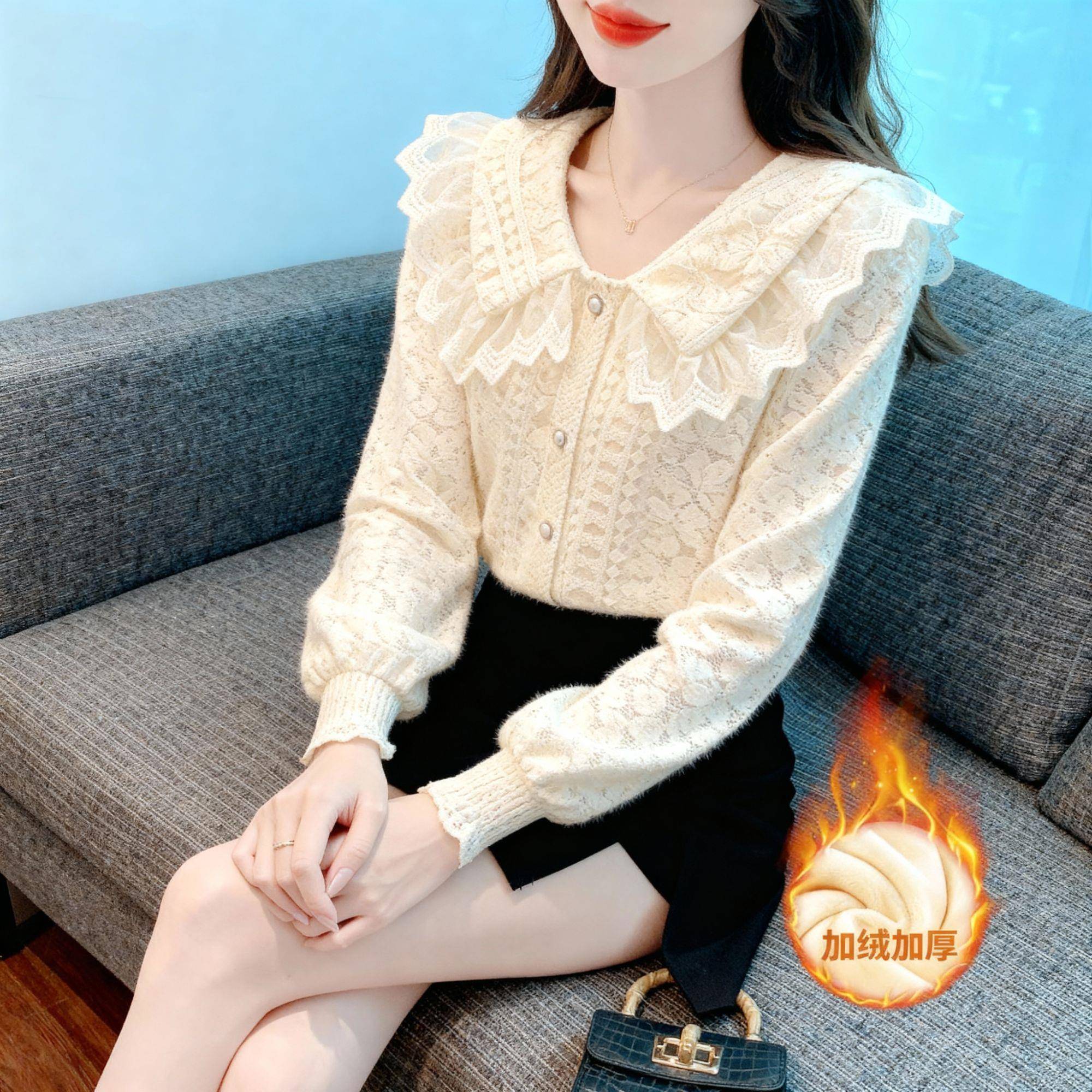 新品洋气甜美娃娃领蕾丝衫衬衣女春秋款法式别致漂亮打底小衫减龄